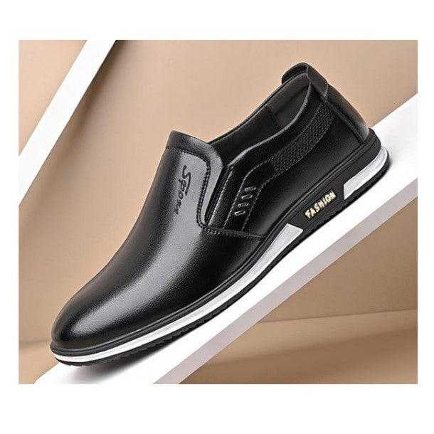 Loafers Leather Shoes (Black) - Slip-On + 3 Yards White Fabric